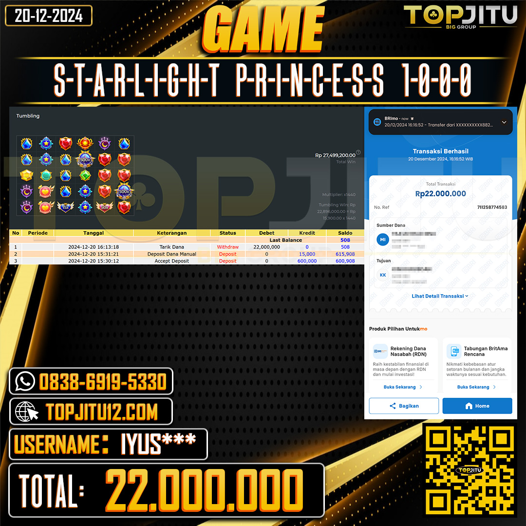    TOPJITU  JACKPOT SLOT STARLIGHT PRINCESS 1000 Rp.22.000.000 ,-LUNAS USER ID: IYUS***