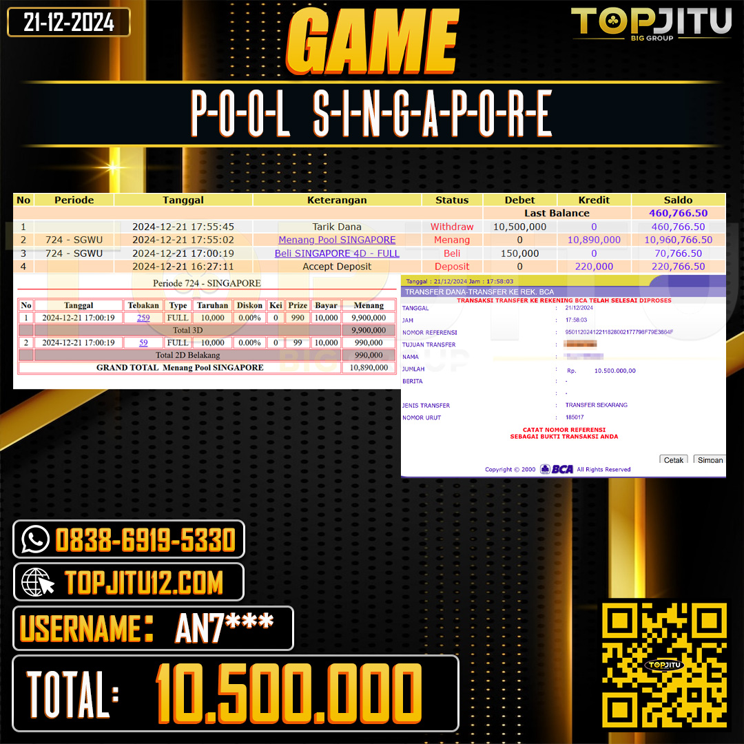    TOPJITU  JACKPOT TOGEL PASARAN SINGAPORE Rp.10.500.000 ,-LUNAS USER ID: AN7***