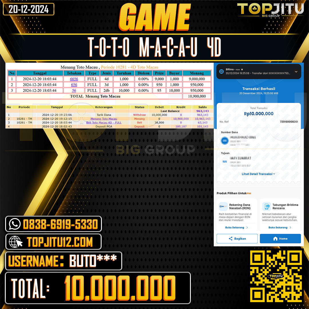    TOPJITU  JACKPOT TOGEL PASARAN TOTO MACAU 4D Rp.10.000.000 ,-LUNAS USER ID: BUTO***