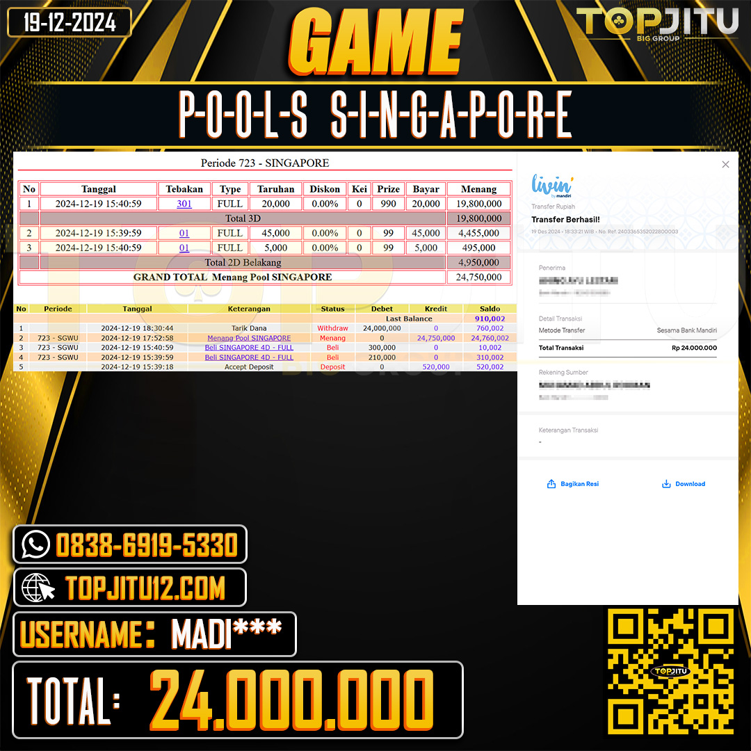    TOPJITU  JACKPOT TOGEL PASARAN SINGAPORE Rp.24.000.000 ,-LUNAS USER ID: MADI***