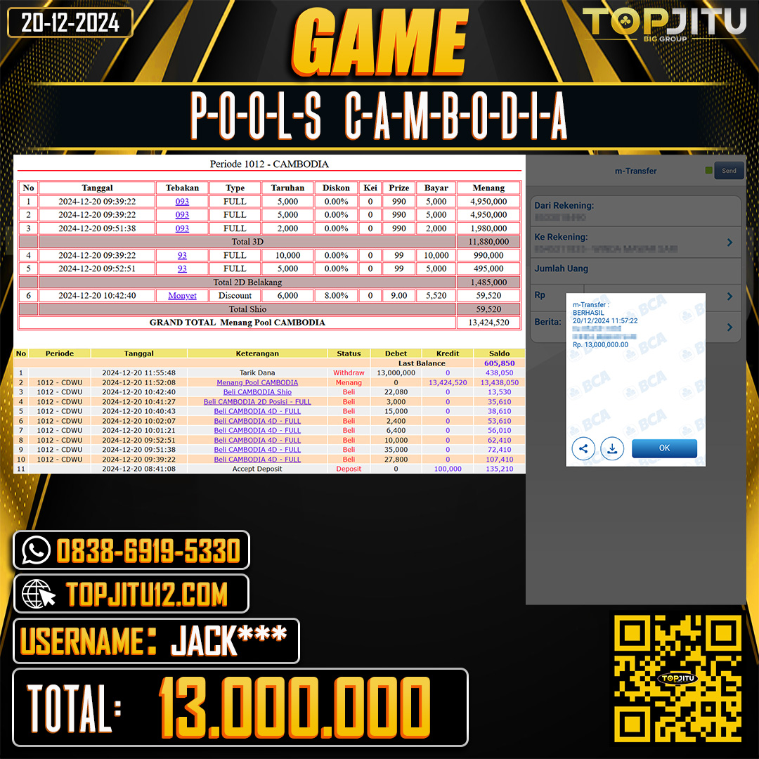    TOPJITU  JACKPOT TOGEL PASARAN CAMBODIA Rp.13.000.000 ,-LUNAS USER ID: JACK***