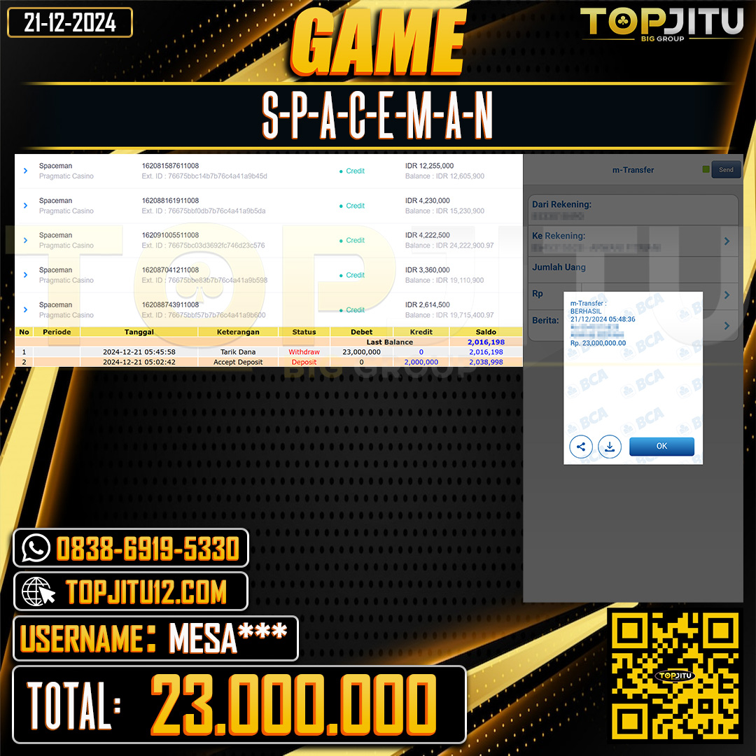    TOPJITU  JACKPOT LIVE GAMES SPACEMAN Rp.23.000.000 ,-LUNAS USER ID: MESA***