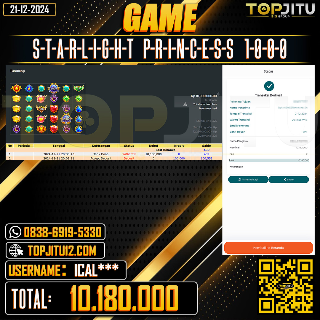    TOPJITU  JACKPOT SLOT STARLIGHT PRINCESS 1000 Rp.10.180.000 ,-LUNAS USER ID: ICAL***