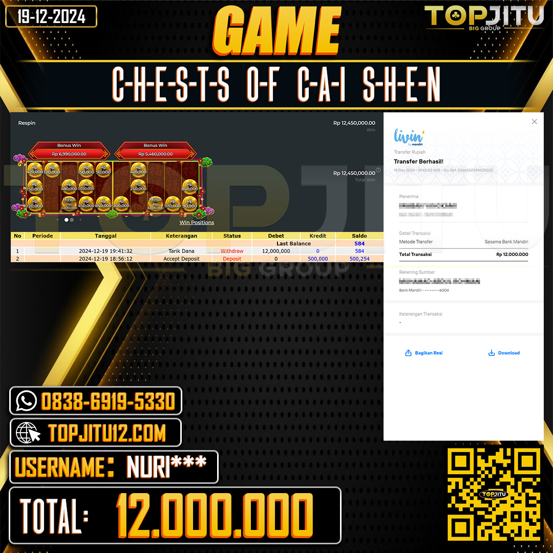    TOPJITU  JACKPOT SLOT CHESTS OF CAI SHEN Rp.12.000.000 ,-LUNAS USER ID: NURI***