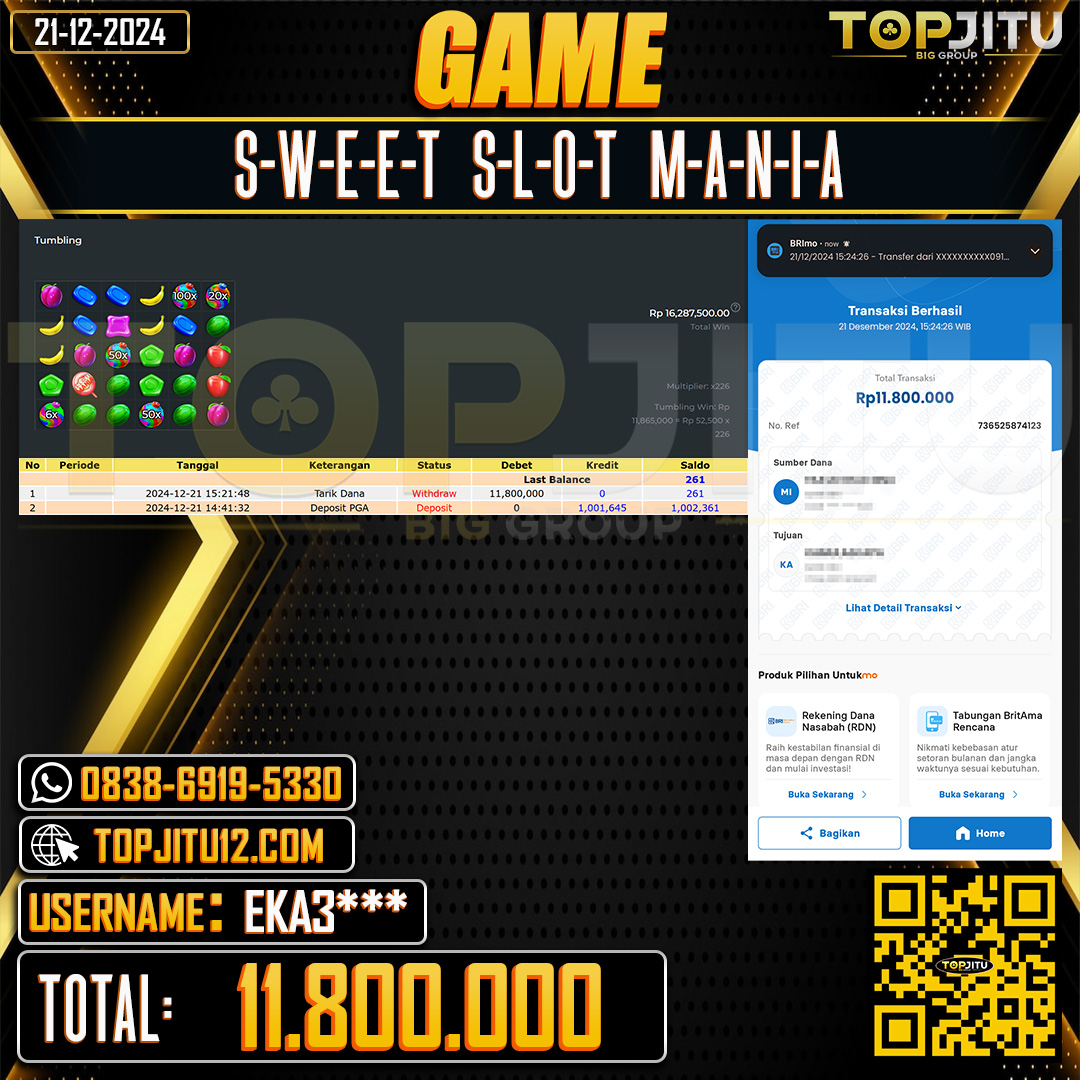    TOPJITU  JACKPOT SLOT SWEET SLOT MANIA Rp.11.800.000 ,-LUNAS USER ID: EKA3***