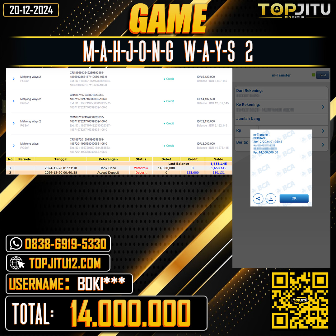    TOPJITU  JACKPOT SLOT MAHJONG WAYS 2 Rp.14.000.000 ,-LUNAS USER ID: BOKI***